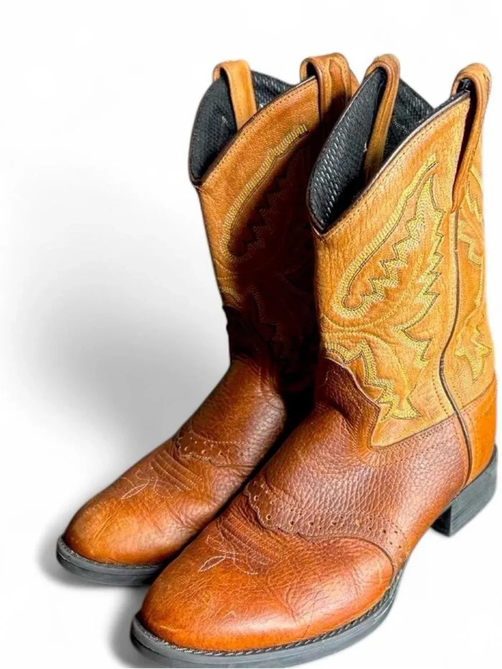 Old West dark and light Brown Leather Western Boys Cowboy Boots